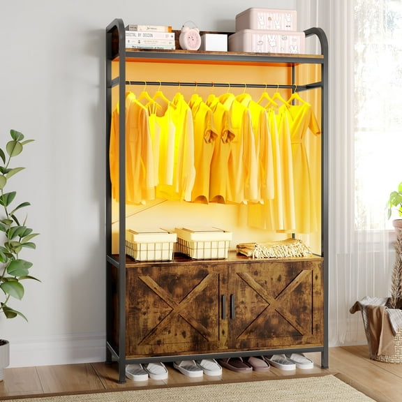 LLappuil Freestanding Closet Organizer for Hanging Clothes, Clothes Rack with Shoe Bench, Heavy Duty Garment Rack with LED Light for Bedroom Living Room Entryway