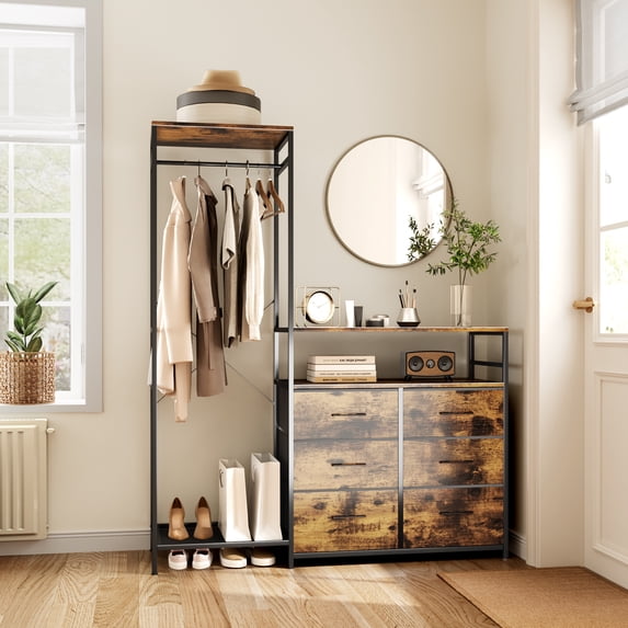 LLappuil Dresser with Hanging Rack & 6 Drawers with LED Lights, Vanity Table with Drawers for Bedroom,living room,Brown