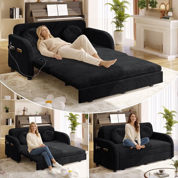 LLappuil Full Size Pull Out Sofa Bed, Compact Loveseat Sofa Covertible Sofa Bed with USB Port, Side Pocket , Chenille Sofa Couch for Living Room Black