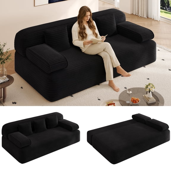 LLappuil Futon Sofa Bed, 79" Loveseat Sofa Convertible Sofa Bed Queen Size, Corduroy Sofa Couch for Living Room Black