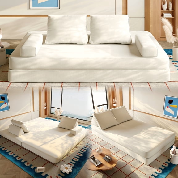 LLappuil King Size Convertible Sofa Bed, 87" DIY Chenille Sofa Couch with Deep Seat for Living Room Beige