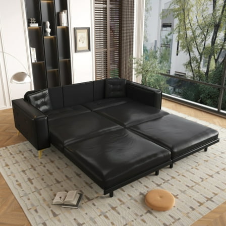 LLappuil King Size Pull Out Sofa Bed, Oversized Faux Leather 4 Seat Sofa Convertible Sleeper Sofa Bed Black