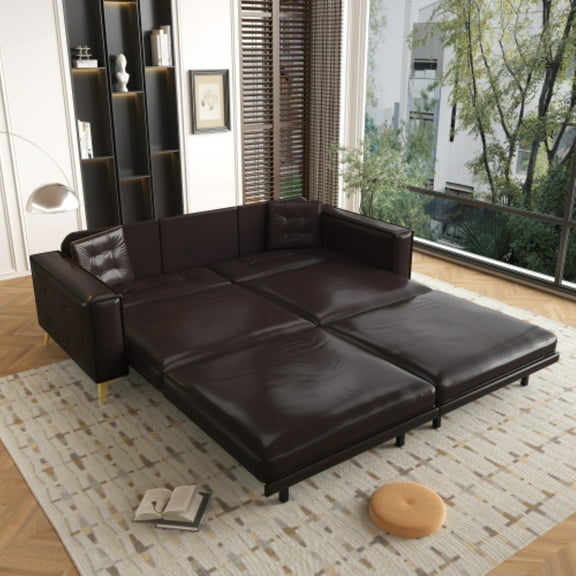 LLappuil King Size Pull Out Sofa Bed, Oversized Faux Leather 4 Seat Sofa Convertible Sleeper Sofa Bed Dark Brown