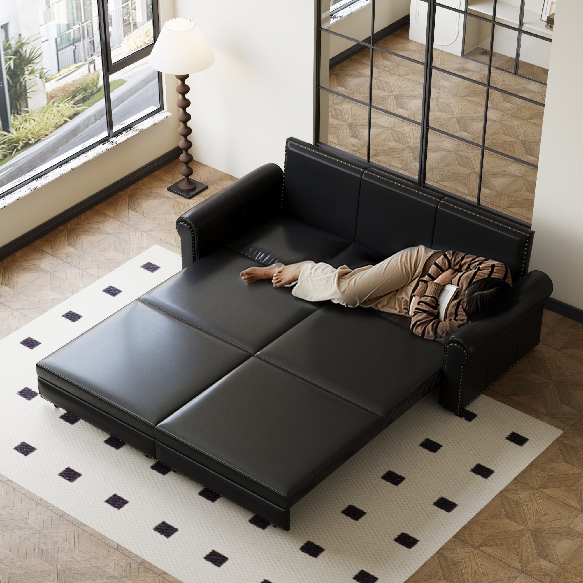 LLappuil King Size Pull Out Sofa Bed, Oversized Loveseat Sofa Convertible Sleeper Sofa Bed, Faux Leather Sofa Couch for Living Room Apartment Black