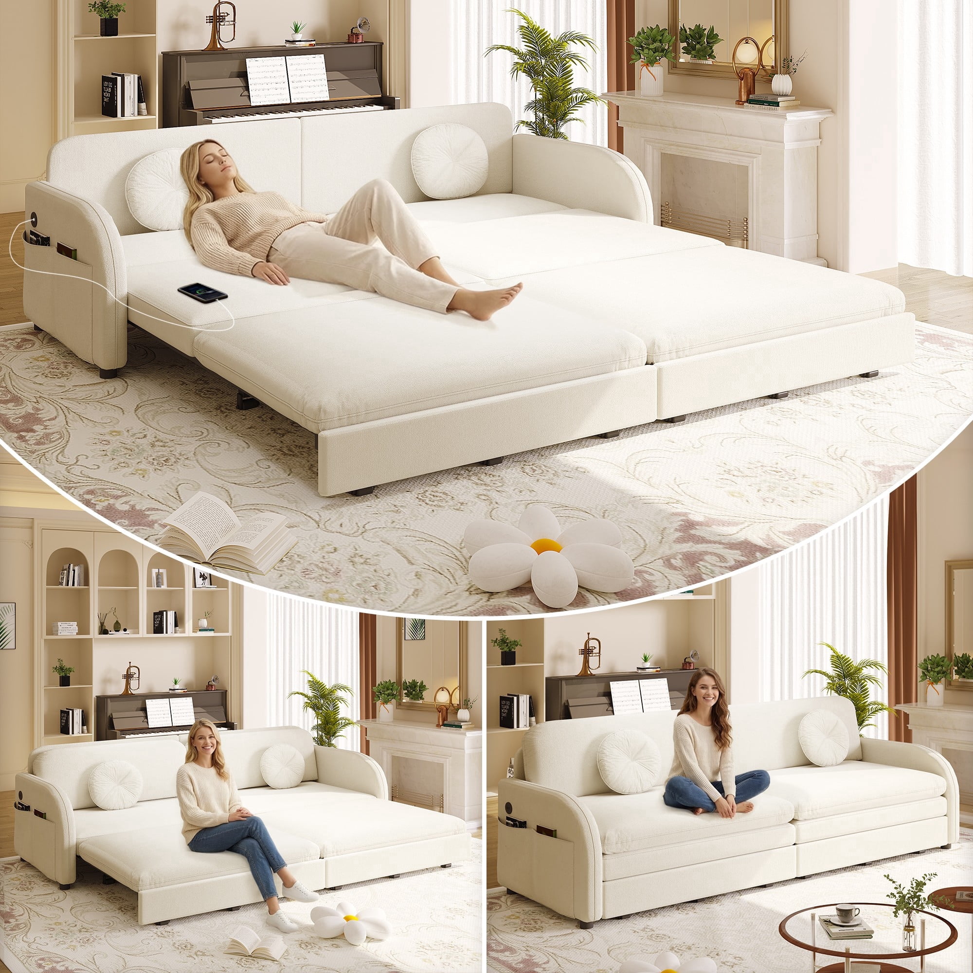 LLappuil King Size Pull Out Sofa Bed, Compact Loveseat Sofa Covertible Sofa Bed with USB Port, Side Pocket , Chenille Sofa Couch for Living Room Beige