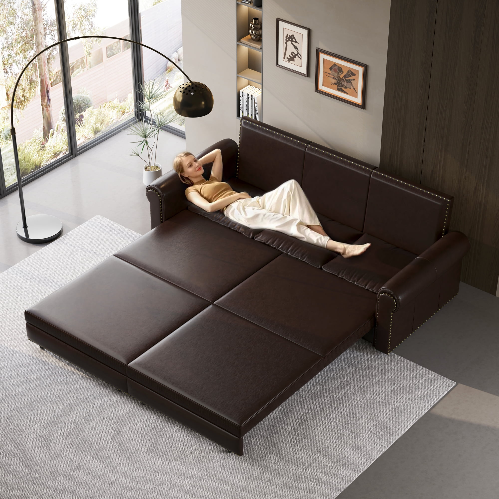 LLappuil King Size Pull Out Sofa Bed, Oversized Loveseat Sofa Convertible Sleeper Sofa Bed, Faux Leather Sofa Couch for Living Room Apartment Dark Brown