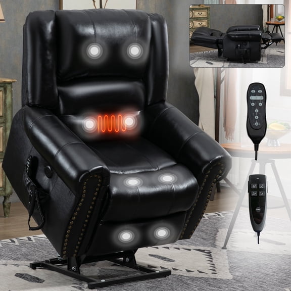 LLappuil Lift Power Recliner Chair, Dual Motor Massage Recliner Chair with Heat, Genuine Leather Nursery Glider Rocker Recliner Chair for Living Room, Bedroom Black