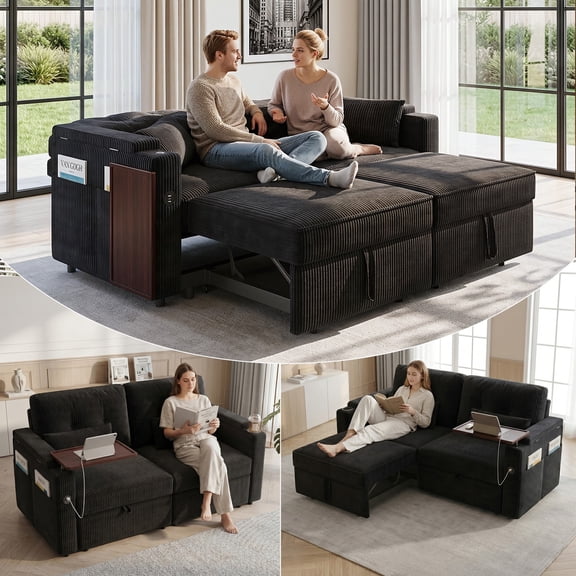 LLappuil Loveseat Sofa, Pull Out Sofa Bed Queen Size, Corduroy Sofa Couch with 360° Swivel Tabletop, USB Charging Port, Cup Holder for Living Room Black