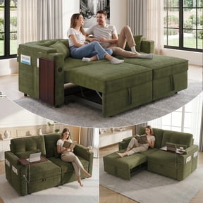 LLappuil Loveseat Sofa, Pull Out Sofa Bed Queen Size, Corduroy Sofa Couch with 360° Swivel Tabletop, USB Charging Port, Cup Holder for Living Room Green