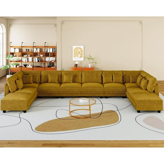 LLappuil Modular Sectional Sofa, 10 Seat Corduroy Sectional Sofa with Storage, 10 Back Cushion 10 Throw Pillow Yellow