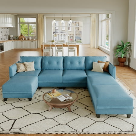 LLappuil Modular Sectional Sofa, 112" U Shaped Sectional Couch with Storage, Modular Sectional Sofa Couch with 3 Storage Ottoman, Faux Leather Fabric Waterproof 7 Seat Sectional Sofa Blue