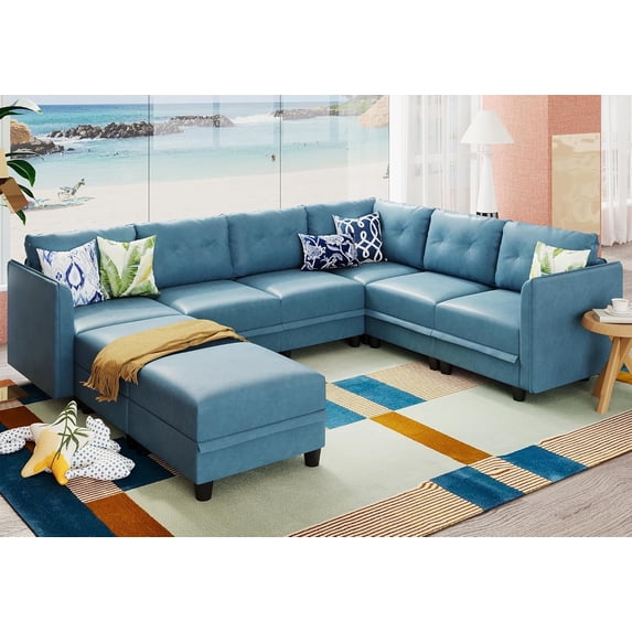 LLappuil Modular Sectional Sofa, 112" U-Shaped Sectional Couch with Storage, Modular Sectional Sofa Couch with Storage Ottoman, Faux Leather Fabric Waterproof 8 Seat Sectional Sofa Blue