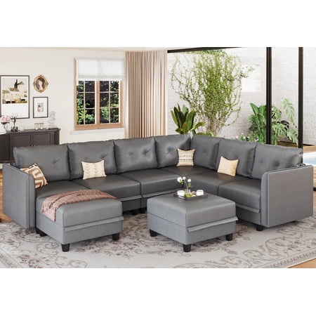 LLappuil Modular Sectional Sofa, 112" U-Shaped Sectional Couch with Storage, Modular Sectional Sofa Couch with Storage Ottoman, Faux Leather Fabric Waterproof 8 Seat Sectional Sofa Gray