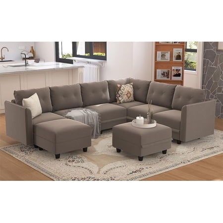 LLappuil Modular Sectional Sofa, 112" U-Shaped Sectional Couch with Storage, Modular Sectional Sofa Couch with Storage Ottoman, Velvet 8 Seat Sectional Sofa Brown