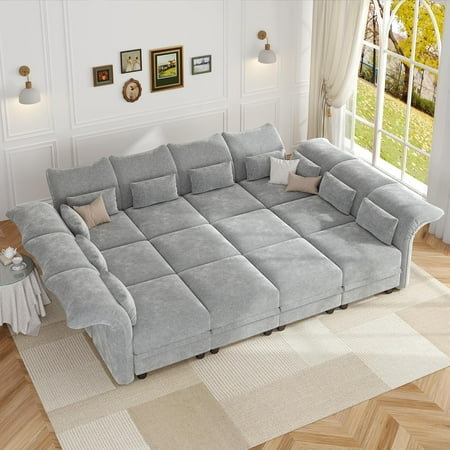 LLappuil Modular Sectional Sofa, 12 Seat Modular Sectional Sofa Convertible Sleeper Sofa Bed, 25.6" Deep Seat Chenille Sofa with Storage Gray