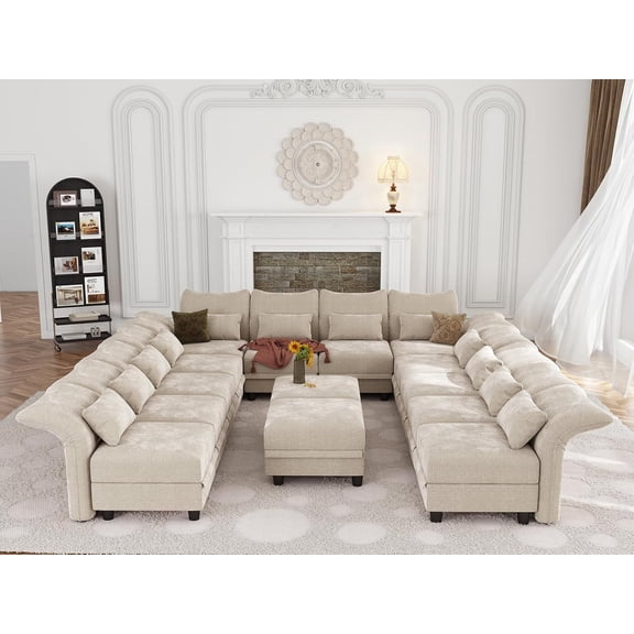 LLappuil Modular Sectional Sofa, 12 Seat Modular Sectional Sofa with 2 Storage Ottoman, 25.6 Deep Seat Chenille Sofa Khaki