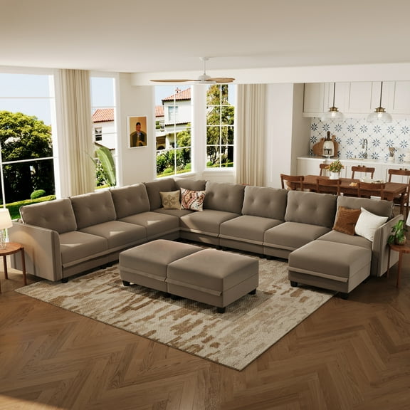 LLappuil Modular Sectional Sofa, 137" Sectional Sofa with Storage, 11 Seat Velvet Sofa Brown
