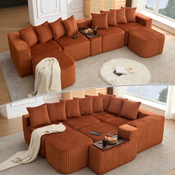 LLappuil Modular Sectional Sofa, 138" Oversized Sectional Couch Wiht USB & Wireless Charge, 6 Seat Corduroy Sofa Couch with Coffee Table Board for Living Room Orange