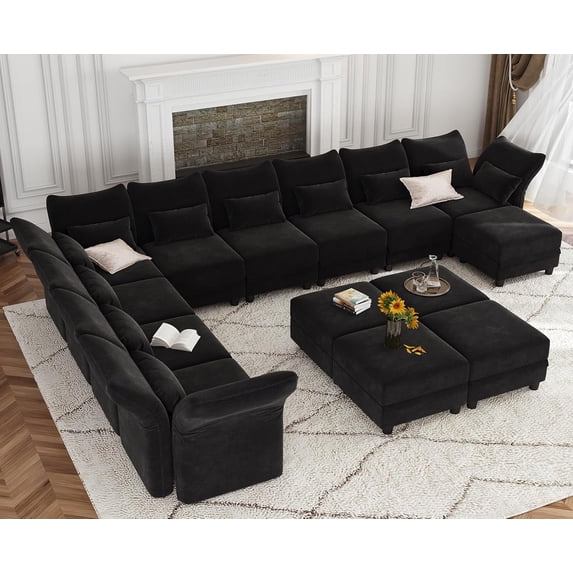 LLappuil Modular Sectional Sofa, 14 Seat Modular Sectional Sofa with 5 Storage Ottoman, 25.6 Deep Seat Chenille Sofa Black