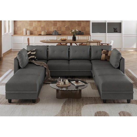 LLappuil Modular Sectional Sofa, 163" U-Shaped Sectional Couch with Storage, Modular Sectional Sofa Couch with 4 Storage Ottoman, Faux Leather Fabric Waterproof 10 Seat Sectional Sofa Gray