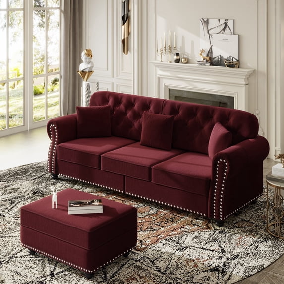 LLappuil Modular Sectional Sofa, 3 Seat Velvet Sofa with Ottoman for Living Room Red