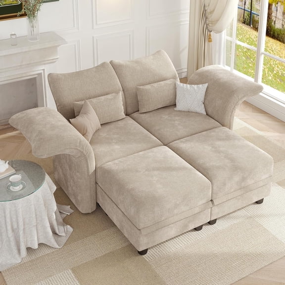 LLappuil Modular Sectional Sofa, 4 Seat Modular Sectional Sofa with 2 Storage Ottoman, 25.6 Deep Seat Chenille Sofa Khaki