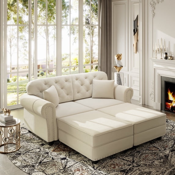 LLappuil Modular Sectional Sofa, 4 Seat Velvet Sofa Couch Convertible Sofa Bed for Living Room Beige