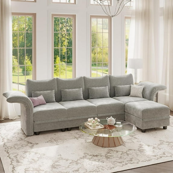 LLappuil Modular Sectional Sofa, 5 Seat Modular Sectional Sofa with 1 Storage Ottoman, 25.6 Deep Seat Chenille Sofa Gray