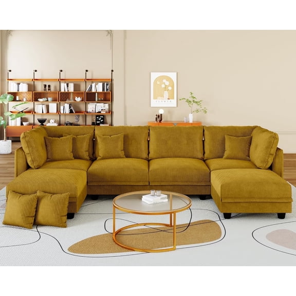 LLappuil Modular Sectional Sofa, 6 Seat Corduroy Sectional Sofa with Storage, 6 Back Cushion 6 Throw Pillow Yellow