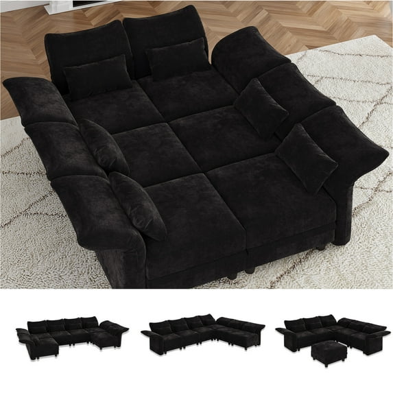 LLappuil Modular Sectional Sofa, 6 Seat Modular Sectional Sofa Convertible Sleeper Sofa Bed, 25.6" Deep Seat Chenille Sofa with Storage Black