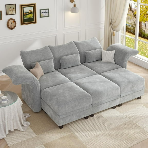 LLappuil Modular Sectional Sofa, 6 Seat Modular Sectional Sofa Convertible Sleeper Sofa Bed, 25.6" Deep Seat Chenille Sofa with Storage Gray