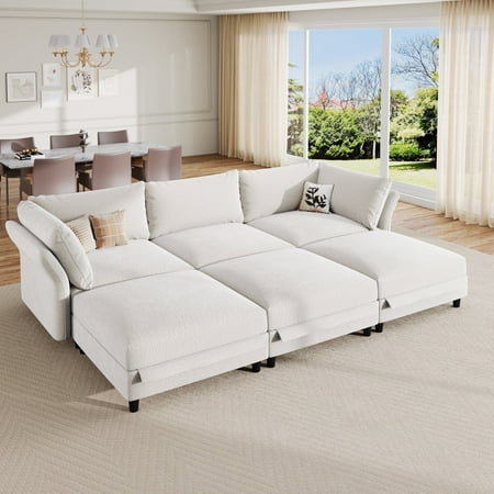 LLappuil Modular Sectional Sofa, 6 Seat Modular Sectional Sofa Convertible Sleeper Sofa Bed, Oversized Deep Seat Chenille Sofa for Living Room