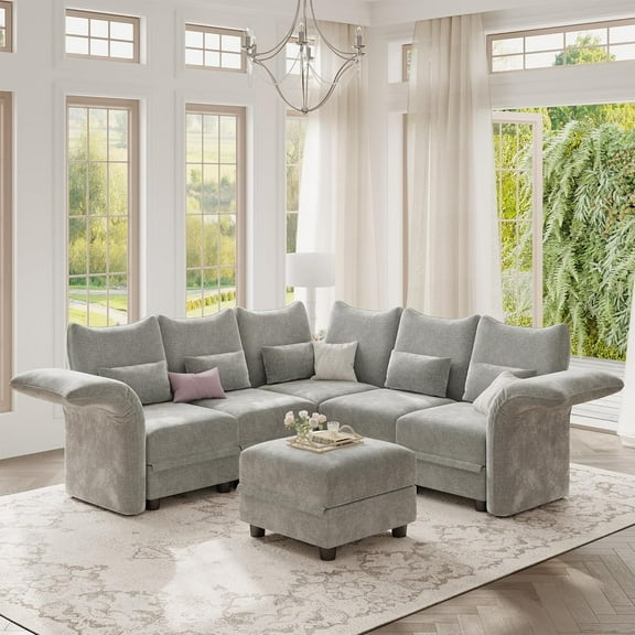 LLappuil Modular Sectional Sofa, 6 Seat Modular Sectional Sofa with 1 Storage Ottoman, 25.6 Deep Seat Chenille Sofa Gray