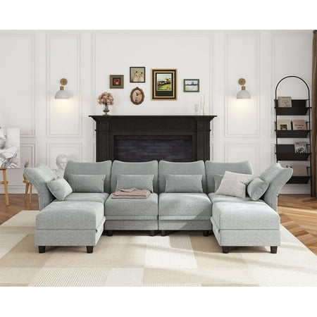 LLappuil Modular Sectional Sofa, 6 Seat Modular Sectional Sofa with 2 Storage Ottoman, 25.6 Deep Seat Chenille Sofa Gray