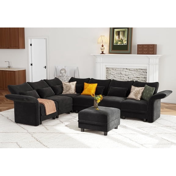 LLappuil Modular Sectional Sofa, 7 Seat Modular Sectional Sofa with 1 Storage Ottoman, 25.6 Deep Seat Chenille Sofa Black