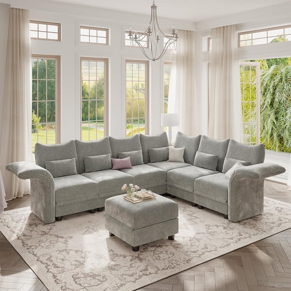LLappuil Modular Sectional Sofa, 7 Seat Modular Sectional Sofa with 1 Storage Ottoman, 25.6 Deep Seat Chenille Sofa Gray
