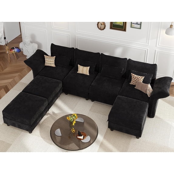 LLappuil Modular Sectional Sofa, 7 Seat Modular Sectional Sofa with 3 Storage Ottoman, 25.6 Deep Seat Chenille Sofa Black