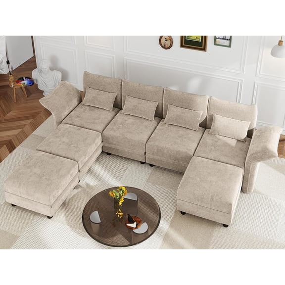 LLappuil Modular Sectional Sofa, 7 Seat Modular Sectional Sofa with 3 Storage Ottoman, 25.6 Deep Seat Chenille Sofa Khaki