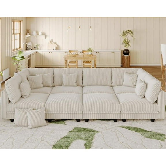LLappuil Modular Sectional Sofa, 8 Seat Corduroy Sectional Sofa with Storage, 8 Back Cushion 8 Throw Pillow Beige