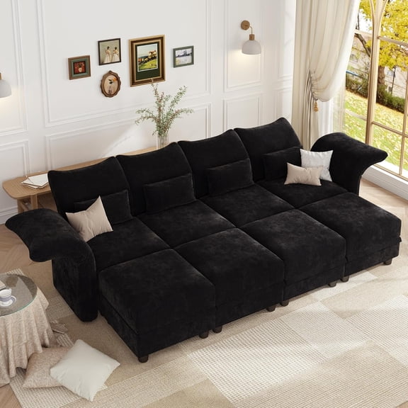 LLappuil Modular Sectional Sofa, 8 Seat Modular Sectional Sofa Convertible Sleeper Sofa Bed, 25.6" Deep Seat Chenille Sofa with Storage Black