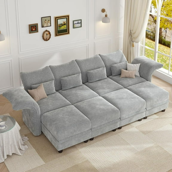 LLappuil Modular Sectional Sofa, 8 Seat Modular Sectional Sofa Convertible Sleeper Sofa Bed, 25.6" Deep Seat Chenille Sofa with Storage Gray