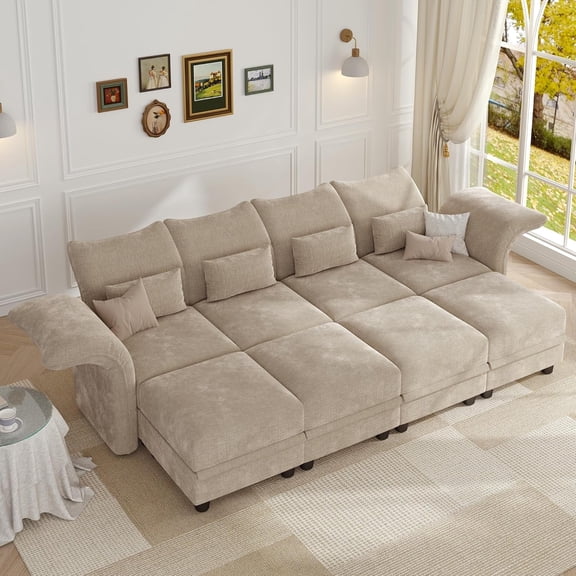 LLappuil Modular Sectional Sofa, 8 Seat Modular Sectional Sofa Convertible Sleeper Sofa Bed, 25.6" Deep Seat Chenille Sofa with Storage Khaki