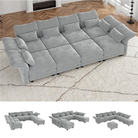 LLappuil Modular Sectional Sofa, 8 Seat Modular Sectional Sofa with 2 Storage Ottoman, 25.6 Deep Seat Chenille Sofa Gray