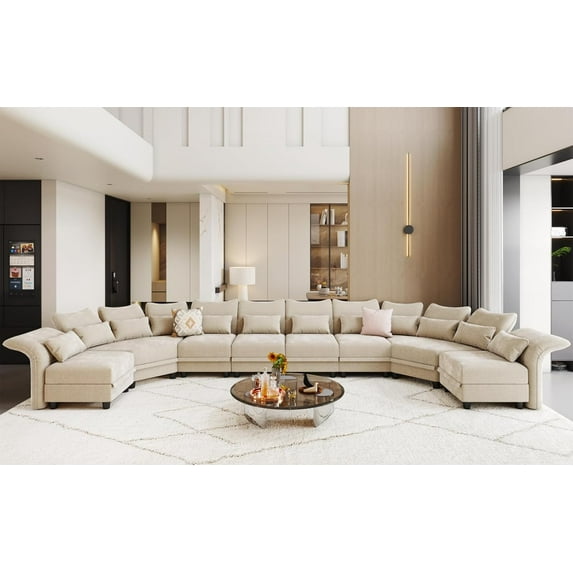 LLappuil Modular Sectional Sofa, 8 Seat Semicircular Modular Sectional Sofa with Storage, 2 Corner Large Seat, Adjustable Armrest, 25.6" Deep Seat Chenille Corner Sofa Couch Khaki