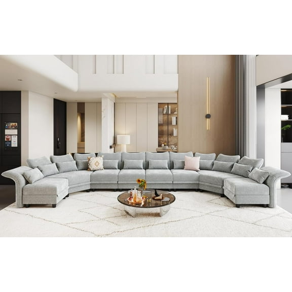 LLappuil Modular Sectional Sofa, 8 Seat Semicircular Modular Sectional Sofa with Storage, 2 Corner Large Seat, Adjustable Armrest, 25.6" Deep Seat Chenille Corner Sofa Couch Gray