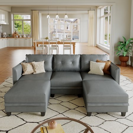 LLappuil Modular Sectional Sofa, 86" U-Shaped Sectional Couch with Storage, Modular Sectional Sofa Couch with 2 Storage Ottoman, Faux Leather Fabric Waterproof 5 Seat Sectional Sofa Gray