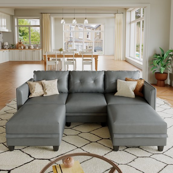 LLappuil Modular Sectional Sofa, 86" U-Shaped Sectional Couch with Storage, Modular Sectional Sofa Couch with 2 Storage Ottoman, Faux Leather Fabric Waterproof 5 Seat Sectional Sofa Gray