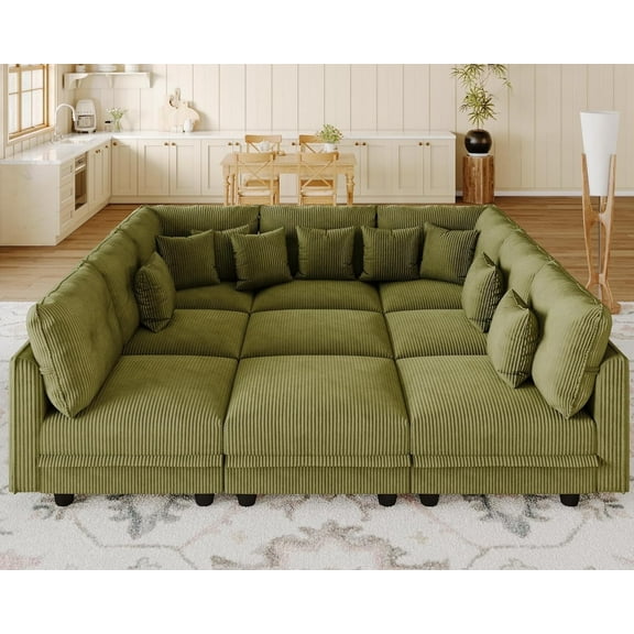 LLappuil Modular Sectional Sofa, 9 Seat Corduroy Sectional Sofa with Storage, 9 Back Cushion 9 Throw Pillow Green