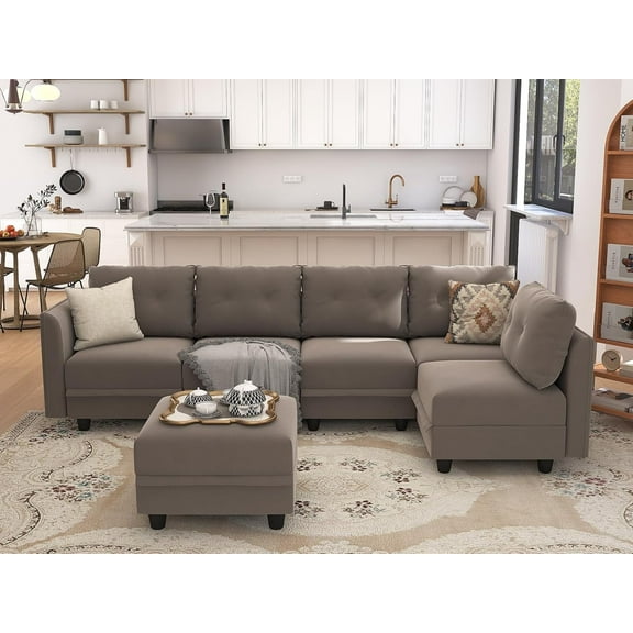 LLappuil Modular Sectional Sofa, Convertible 112" L-Shaped Sectional Couch with Storage, Modular Sectional Sofa Couch with 1 Storage Ottoman, Velvet 6 Seat Sectional Sofa Brown