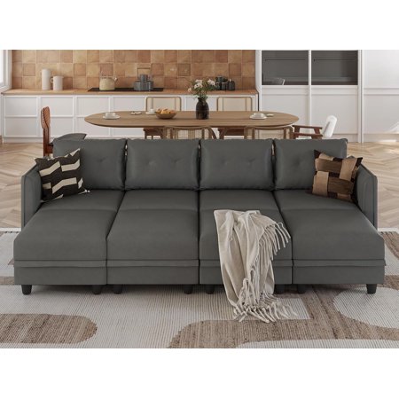 LLappuil Modular Sectional Sofa, Convertible 112" U-Shaped Sectional Couch with Storage, Modular Sectional Sofa Couch with 4 Storage Ottoman, Faux Leather Waterproof 8 Seat Sectional Sofa Gray